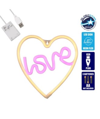 GloboStar® 78591 Φωτιστικό Ταμπέλα Φωτεινή Επιγραφή NEON LED Σήμανσης LOVE & HEART 5W με Καλώδιο Τροφοδοσίας USB - Μπαταρίας 3xAAA (Δεν Περιλαμβάνονται) - Ροζ & Θερμό Λευκό 2700K